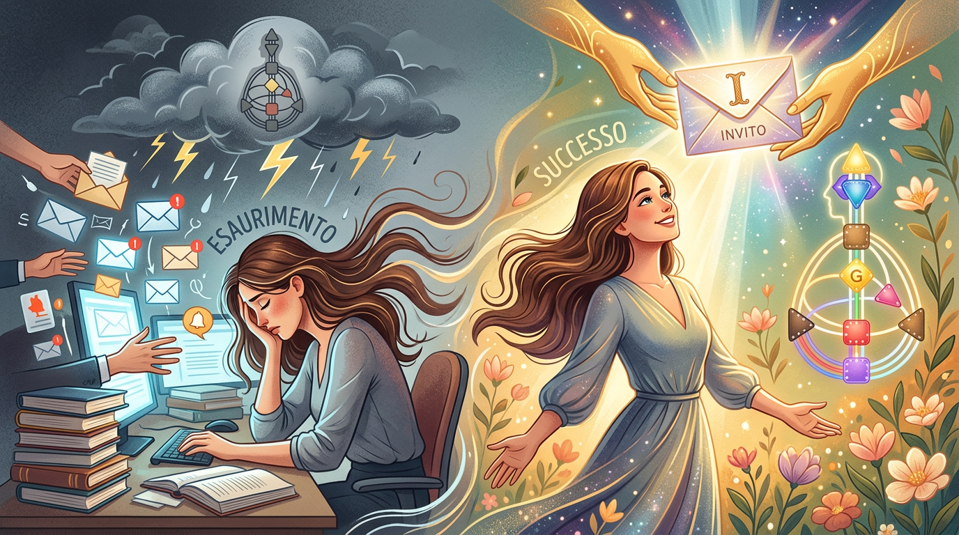 Donna seduta alla scrivania con luce soffusa che legge documenti, rappresentazione della Guida BG5 che studia in attesa dell'invito